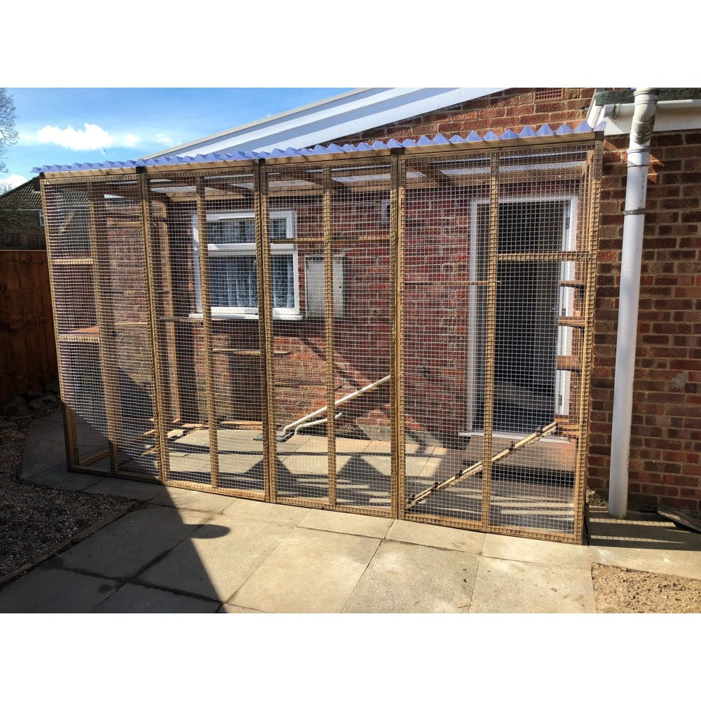 4MyPet three-sided catio installed against a house with a waterproof roof