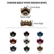 Hand and Natural Indoor Cat Corner Shelf with feeding bowl