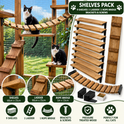 Cat climbing tree accessory set shown assembled outdoors with two cats perched on it, plus a separate product layout of 9 wooden shelves, 1 ladder, 1 rope bridge, and hardware. Text callouts specify dimensions and features, with a green header reading 'Shelves Pack' and icons for shelves, ladder, rope bridge, brackets, and screws.