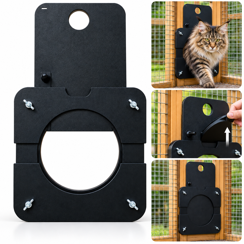 Black metal cat door swing with a circular opening and four wing nuts, shown on a white background with three inset photos demonstrating a cat using it and a hand lifting the hinged top section.