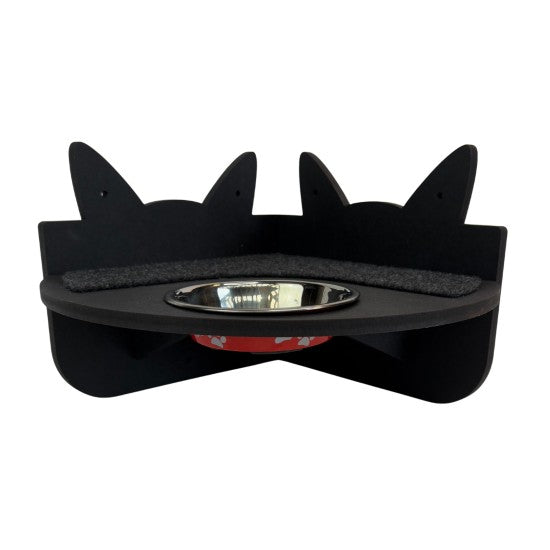 Hand and Natural Indoor Cat Corner Shelf with feeding bowl