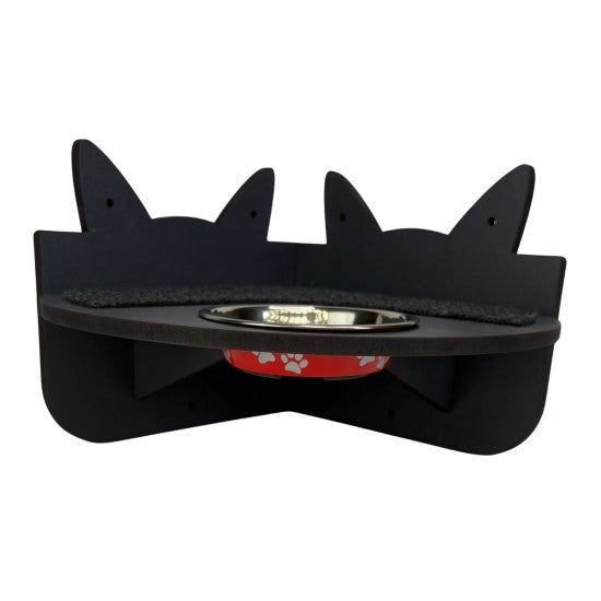 Hand and Natural Indoor Cat Corner Shelf with feeding bowl