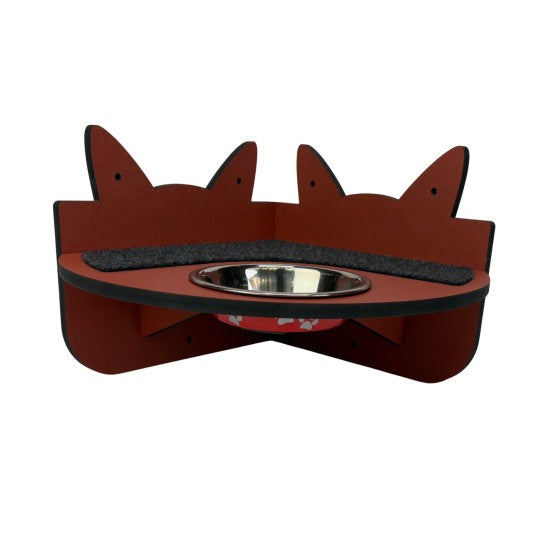Hand and Natural Indoor Cat Corner Shelf with feeding bowl