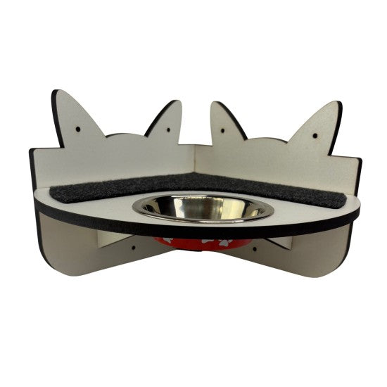Hand and Natural Indoor Cat Corner Shelf with feeding bowl