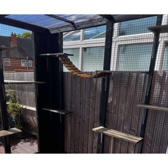 Designer 3 Sided Catio - 6ft x 9ft x 6ft Tall with Tongue & Groove Boarded corners painted BLACK Designer 3 Sided Catio - 6ft x 9ft x 6ft Tall with Tongue & Groove Boarded corners painted BLACK
