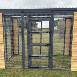 Freestanding Catio enclosure 6ft x 9ft x 6ft tall With Black 16g wire mesh & Tongue and groove boarded corners