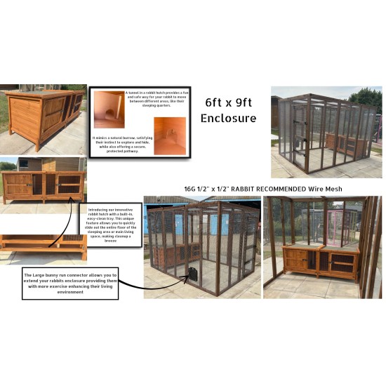6ft x 9ft Bunnio with 1 Tier 6ft Rabbit Hutch Included 16G 1/2" x 1/2" wire mesh 6ft x 9ft Bunnio with 1 Tier 6ft Rabbit Hutch Included 16G 1/2" x 1/2" wire mesh