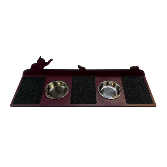 Hand Painted and Natural Indoor Cat Large Shelf with 2 feeding bowls Hand Painted and Natural Indoor Cat Large Shelf with 2 feeding bowls