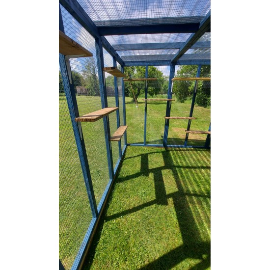 Waterproof Four-Sided Catio cat enclosure painted blue. 