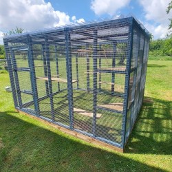 Waterproof Four-Sided Catio cat enclosure painted blue.  Waterproof Four-Sided Catio cat enclosure painted blue.