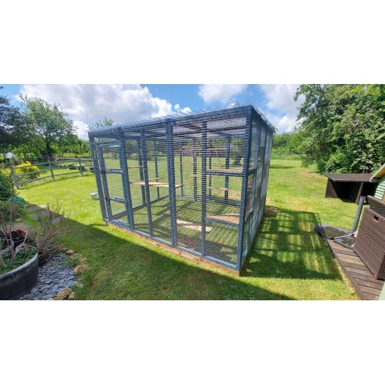 Waterproof Four-Sided Catio cat enclosure painted blue. 