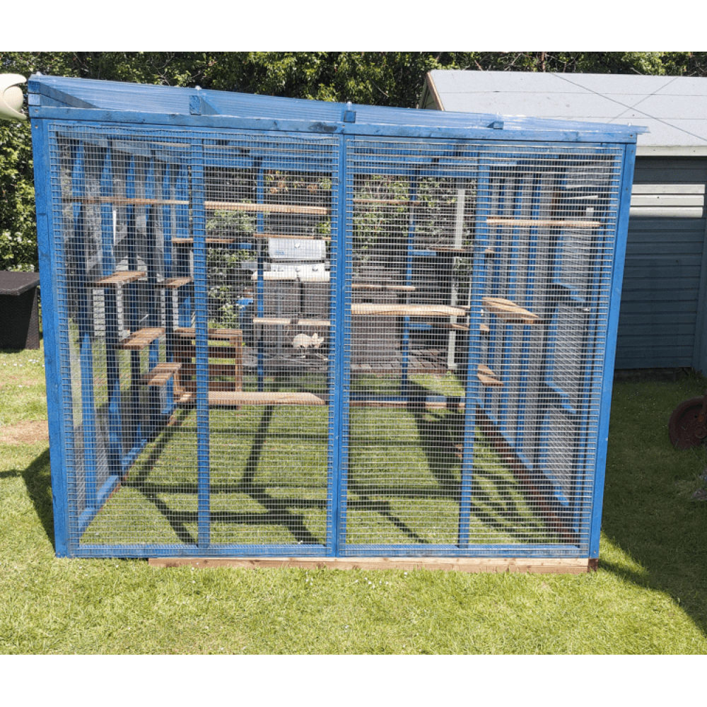 Waterproof FourSided Catio cat enclosure painted blue.